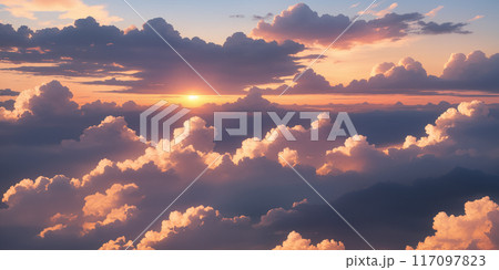 Clouds in the evening sky, sunlight hitting the clouds, pastel tones 117097823