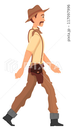 Cowboy side view. Walking man in retro hat 117097996