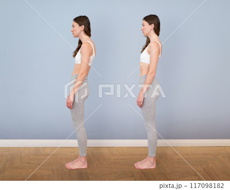 Good posture and bad posture of a woman, side view 117098182