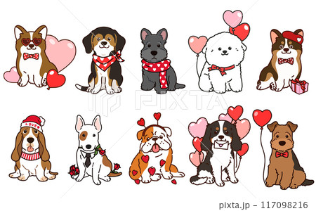 バレンタインデーのシンプルで可愛い犬のイラストセット 117098216