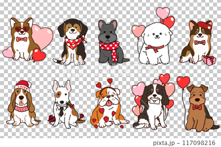 バレンタインデーのシンプルで可愛い犬のイラストセット 117098216