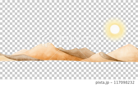 Elegant desert landscape with sun and sand dunes watercolor illustration isolated on white background. Monochrome sunrise sketch in beige and yellow colors. Panoramic horizontal clipart 117098232