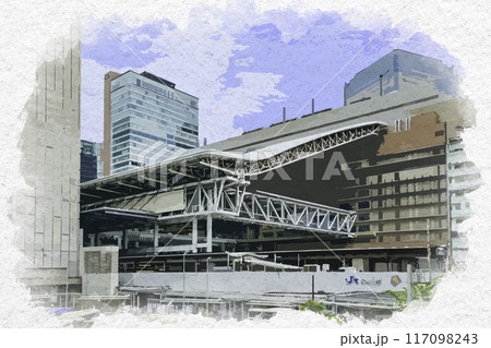 水彩画風 梅田 JR大阪駅 大阪府大阪市のイラスト素材 [117098243