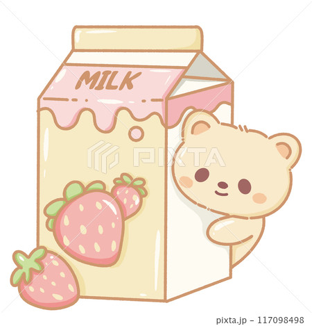 Hand drawn doodle illustration kawaii cute bear with strawberry milk Perfect for celebrations and children's parties. 117098498