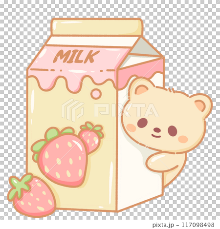 Hand drawn doodle illustration kawaii cute bear with strawberry milk Perfect for celebrations and children's parties. 117098498