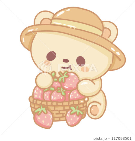 Hand drawn doodle illustration kawaii cute bear with strawberries Perfect for celebrations and children's parties. Hand drawn doodle illustration kawaii cute bear with strawberries Perfect for celebrations and children's parties. 117098501