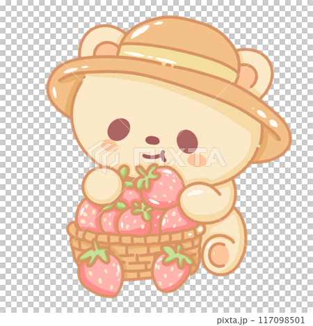 Hand drawn doodle illustration kawaii cute bear with strawberries Perfect for celebrations and children's parties. Hand drawn doodle illustration kawaii cute bear with strawberries Perfect for celebrations and children's parties. 117098501