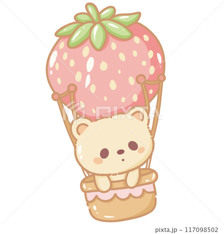 Hand drawn doodle illustration kawaii cute bear with strawberries hot air balloon Perfect for celebrations and children's parties. Hand drawn doodle illustration kawaii cute bear with strawberries hot air balloon Perfect for celebrations and children's parties. 117098502