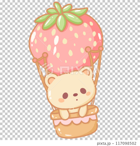 Hand drawn doodle illustration kawaii cute bear with strawberries hot air balloon Perfect for celebrations and children's parties. Hand drawn doodle illustration kawaii cute bear with strawberries hot air balloon Perfect for celebrations and children's parties. 117098502
