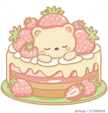 Hand drawn doodle illustration kawaii cute bear with strawberries cake Perfect for celebrations and children's parties. Hand drawn doodle illustration kawaii cute bear with strawberries cake Perfect for celebrations and children's parties. 117098503