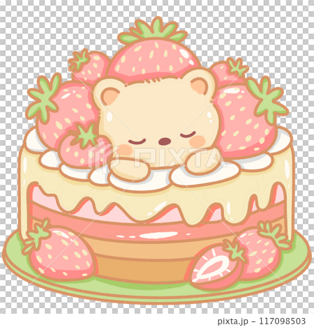 Hand drawn doodle illustration kawaii cute bear with strawberries cake Perfect for celebrations and children's parties. Hand drawn doodle illustration kawaii cute bear with strawberries cake Perfect for celebrations and children's parties. 117098503