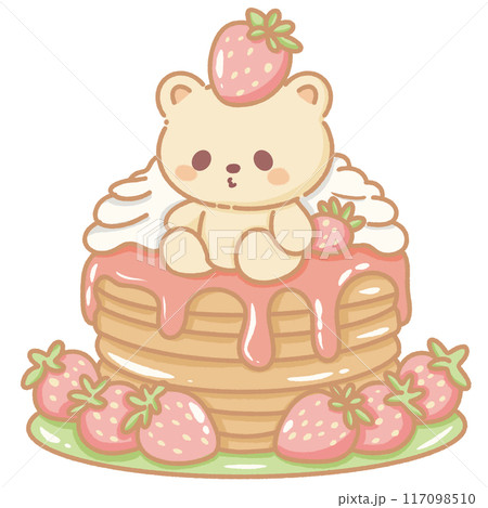 Hand drawn doodle illustration kawaii cute bear with strawberries pancakes with cream Perfect for celebrations and children's parties. Hand drawn doodle illustration kawaii cute bear with strawberries pancakes with cream Perfect for celebrations and children's parties. 117098510