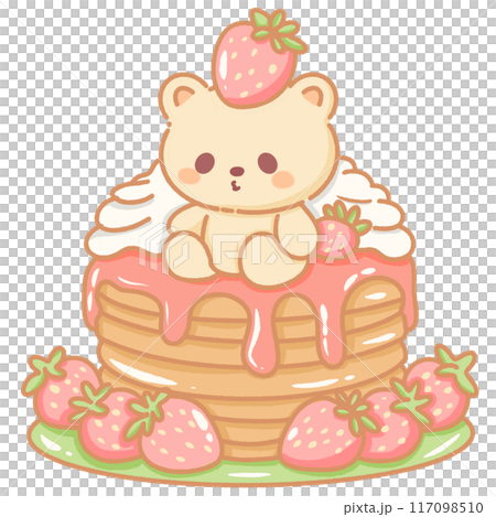 Hand drawn doodle illustration kawaii cute bear with strawberries pancakes with cream Perfect for celebrations and children's parties. Hand drawn doodle illustration kawaii cute bear with strawberries pancakes with cream Perfect for celebrations and children's parties. 117098510