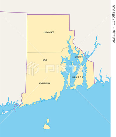 Rhode Island, U.S. state, subdivided into 5 counties, political map with borders and county names. State in the New England region of Northeastern United States nicknamed Ocean State and Little Rhody. Rhode Island, U.S. state, subdivided into 5 counties, political map with borders and county names. State in the New England region of Northeastern United States nicknamed Ocean State and Little Rhody. 117098916
