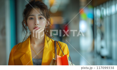 ショッピングで買い物袋を持っている日本人女性 117099338