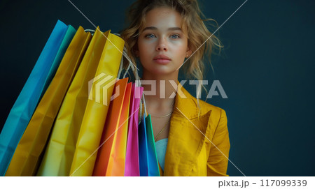 ショッピングで多くの買い物袋を持っている女性 117099339