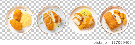 Isolated on a transparent background is a white plate of chicken cordon bleu 117099400