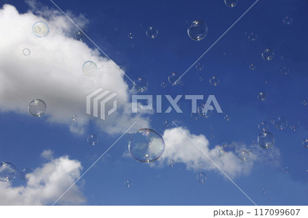シャボン玉は空いっぱい青空に吸い込まれるようにフワフワと天高く舞い上る。何だか幸せな気分を漂わせながら シャボン玉は空いっぱい青空に吸い込まれるようにフワフワと天高く舞い上る。何だか幸せな気分を漂わせながら 117099607