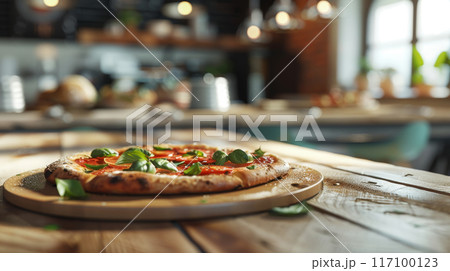 Classic Neapolitan pizza on rustic wooden table in authentickitchen background 117100123