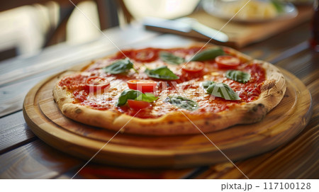 Close-up of fresh baked Italian pizza on old rustic wooden table background Close-up of fresh baked Italian pizza on old rustic wooden table background 117100128