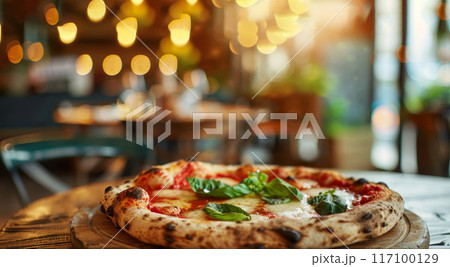 Close-up of fresh baked Italian pizza on old rustic wooden table in restaurant background with bokeh Close-up of fresh baked Italian pizza on old rustic wooden table in restaurant background with bokeh 117100129