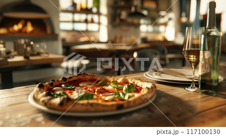 Close-up of fresh baked Italian pizza on old rustic wooden table in restaurant background with bokeh 117100130