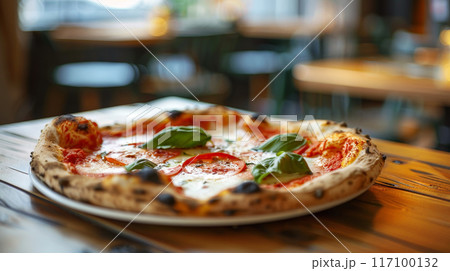 Close-up of fresh baked Italian pizza on old rustic wooden table in restaurant background with bokeh Close-up of fresh baked Italian pizza on old rustic wooden table in restaurant background with bokeh 117100132