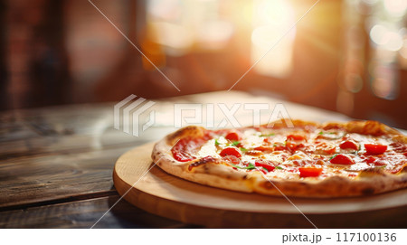 Close-up of fresh baked Italian pizza on old rustic wooden kitchen table with bokeh 117100136