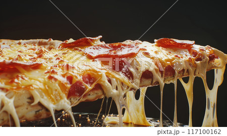slice of Fresh Italian pizza close-up with melted cheese on old black background 117100162
