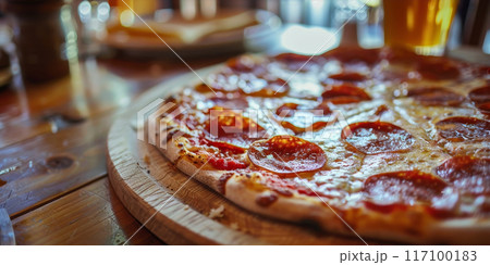 Authentic Italian pizza on old rustic wooden table top view with bokeh restaurant background 117100183
