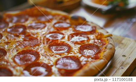 Authentic Italian pizza margherita with fresh basil on old rustic wooden table top view Authentic Italian pizza margherita with fresh basil on old rustic wooden table top view 117100188