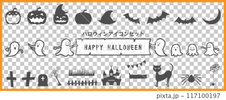 Halloween simple, monochrome icon set, vector illustration, white background, flat design, black and white Halloween simple, monochrome icon set, vector illustration, white background, flat design, black and white 117100197