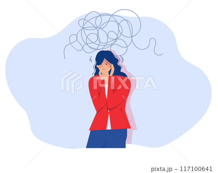 woman suffering pain, Female having mental fatigue, vertigo, stress or depression problem feel anxiety touch head surrounded by think- Vector flat illustration 117100641