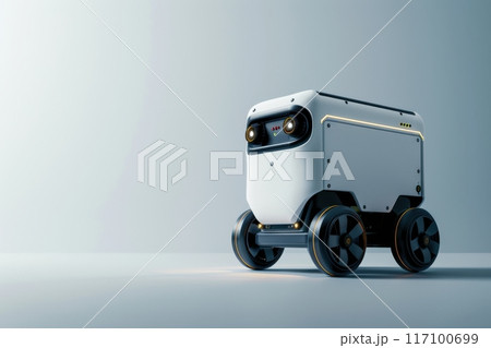 Robot delivery vehicle navigating modern indoor space, copy space. Generative AI Robot delivery vehicle navigating modern indoor space, copy space. Generative AI 117100699