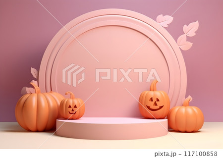 Round Plaster Podium 3D Halloween Presentation Black Orange Pastel Background for Festival Holiday Marketing, Generative AI 117100858