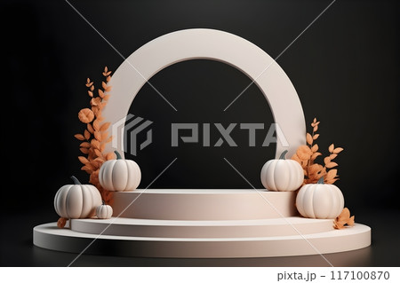 Round Plaster Podium 3D Halloween Presentation Black Orange Pastel Background for Festival Holiday Marketing, Generative AI 117100870