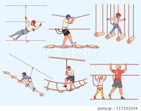 Happy people in helmets in rope park. Active sport entertainment, forest climbing for children and adults, adventure attractions, men and women extreme activity cartoon flat isolated vector set Happy people in helmets in rope park. Active sport entertainment, forest climbing for children and adults, adventure attractions, men and women extreme activity cartoon flat isolated vector set 117101034
