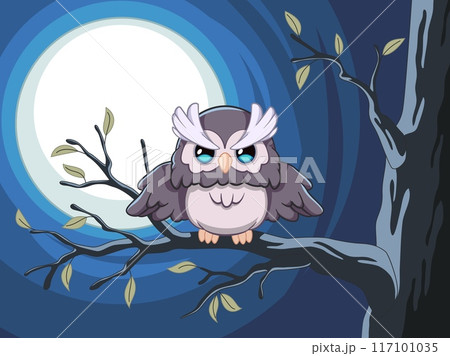 Nocturnal bird of prey on branch. Cute owl in tree at night, halloween landscape, kids funny character, wise filin, wildlife character in forest, smart symbol, cartoon flat tidy vector concept 117101035