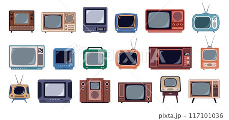 Retro televisions. Tube vintage communication systems, small glass convex screens, wide wooden and plastic housings, nostalgia technology cartoon flat isolated illustration, nowaday vector set 117101036