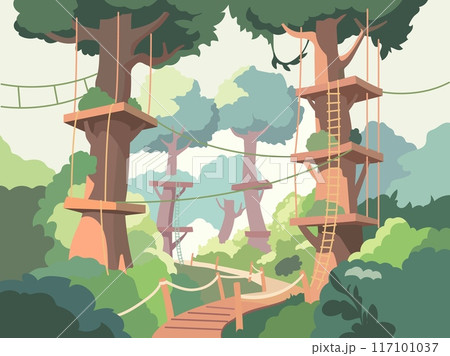 Rope adventure park landscape. Climbing center with suspension bridges, rope ladders and wooden platforms, trees and shrubs, obstacle course, cartoon flat isolated illustration, vector concept Rope adventure park landscape. Climbing center with suspension bridges, rope ladders and wooden platforms, trees and shrubs, obstacle course, cartoon flat isolated illustration, vector concept 117101037