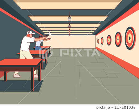 Shooting training. People in shooting range aim at round targets with firearms, guys in soundproof headphones with guns indoor, professional sport cartoon flat isolated vector concept Shooting training. People in shooting range aim at round targets with firearms, guys in soundproof headphones with guns indoor, professional sport cartoon flat isolated vector concept 117101038