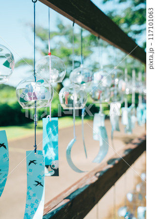 爽やかな緑と青空の夏日、たくさんの風鈴（涸沼自然公園） 117101063