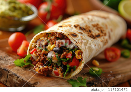 Mexican burrito with meat, vegetables and sauce Mexican burrito with meat, vegetables and sauce 117101472