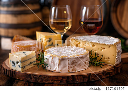 Cheese set, red and white wine in glasses on wooden board. 117101505
