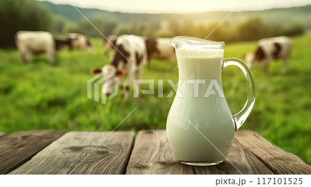 Milk in a glass jug on the background of the herd of cows 117101525