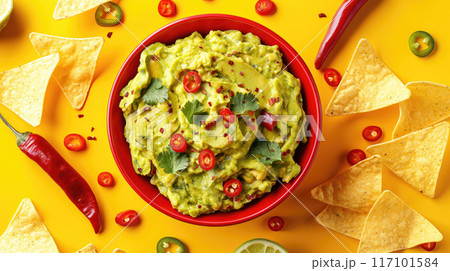 Bowl of guacamole with nachos on yellow background 117101584
