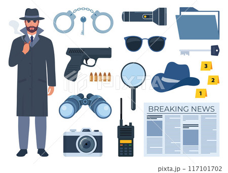 Private detective character and equipment. Investigation tools. Pistol, handcuffs, flashlight, binoculars, camera, walkie-talkie, sunglasses, hat, newspaper, magnifying glass. Vector. Private detective character and equipment. Investigation tools. Pistol, handcuffs, flashlight, binoculars, camera, walkie-talkie, sunglasses, hat, newspaper, magnifying glass. Vector. 117101702