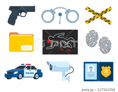 Murder investigation icon set. Police detective equipment. Investigation tools. Crime symbols. Criminology Police Crime Investigation Scene elements. Murder investigation icon set. Police detective equipment. Investigation tools. Crime symbols. Criminology Police Crime Investigation Scene elements. 117101708
