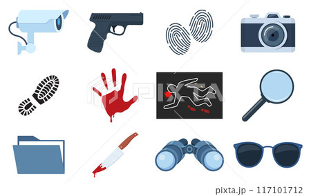 Murder investigation icon set. Police detective equipment. Investigation tools. Crime symbols. Criminology Police Crime Investigation Scene elements. Murder investigation icon set. Police detective equipment. Investigation tools. Crime symbols. Criminology Police Crime Investigation Scene elements. 117101712