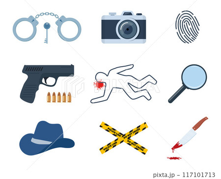 Murder investigation icon set. Police detective equipment. Investigation tools. Crime symbols. Criminology Police Crime Investigation Scene elements. 117101713